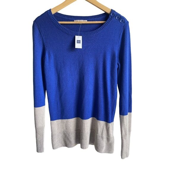 New! GAP Wool Blend Crewneck Cobalt Blue Pullover Sweater Color Block - Picture 1 of 7